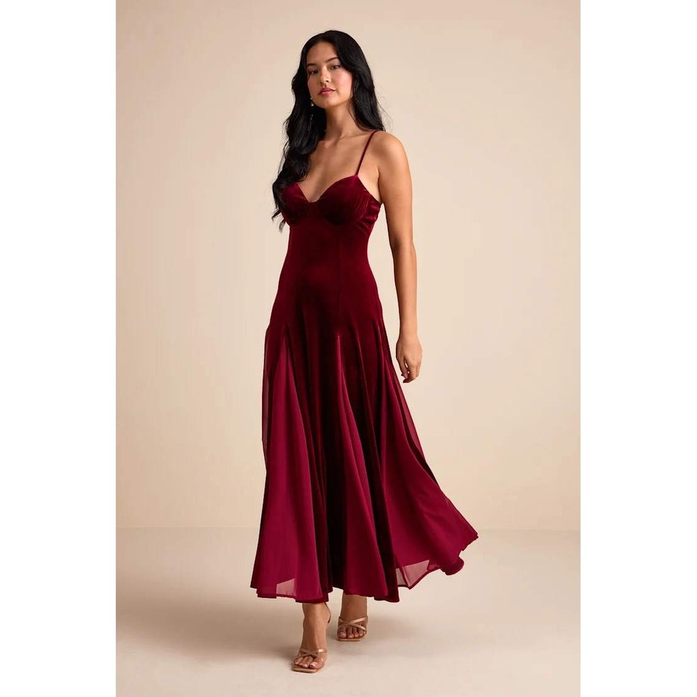 Lulus Burgundy Velvet Maxi Dress Sweetheart Chiffon Godet Inset Evening Gown XL - Picture 12 of 16